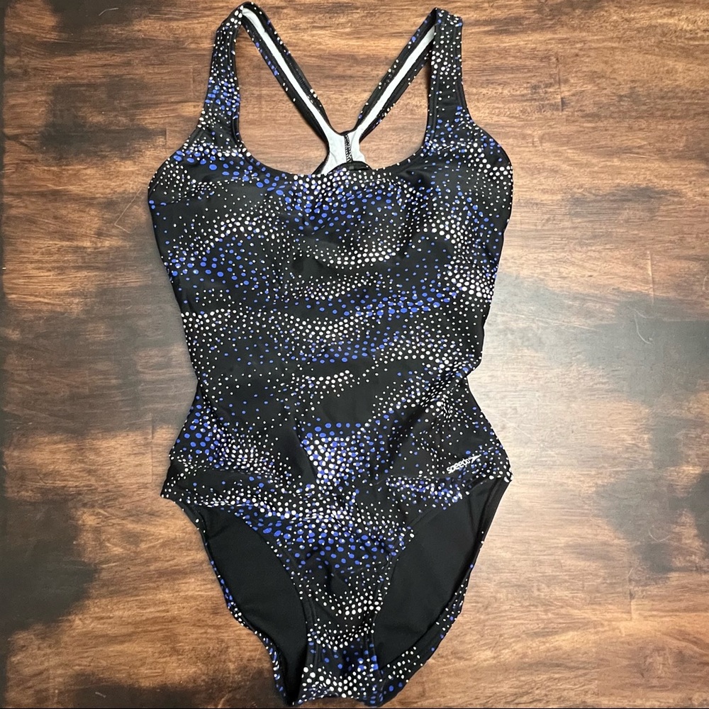 Speedo black with blue and white polka dot performance fastback one piece size 6